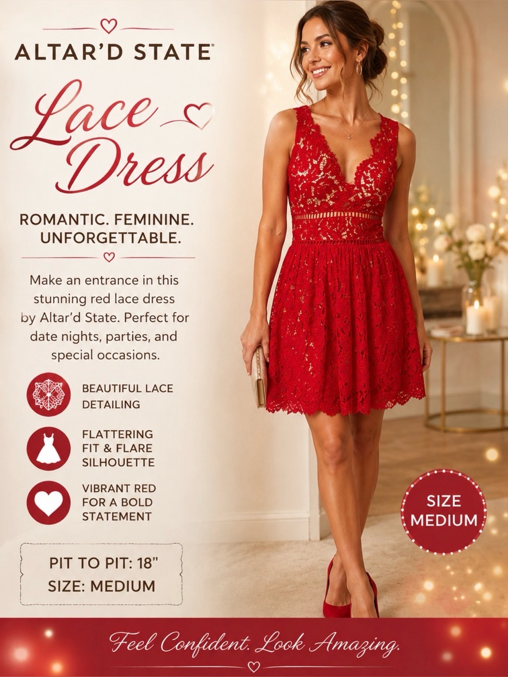 Altar'd State Vibrant Red Lace V-Neck Fit & Flare Mini